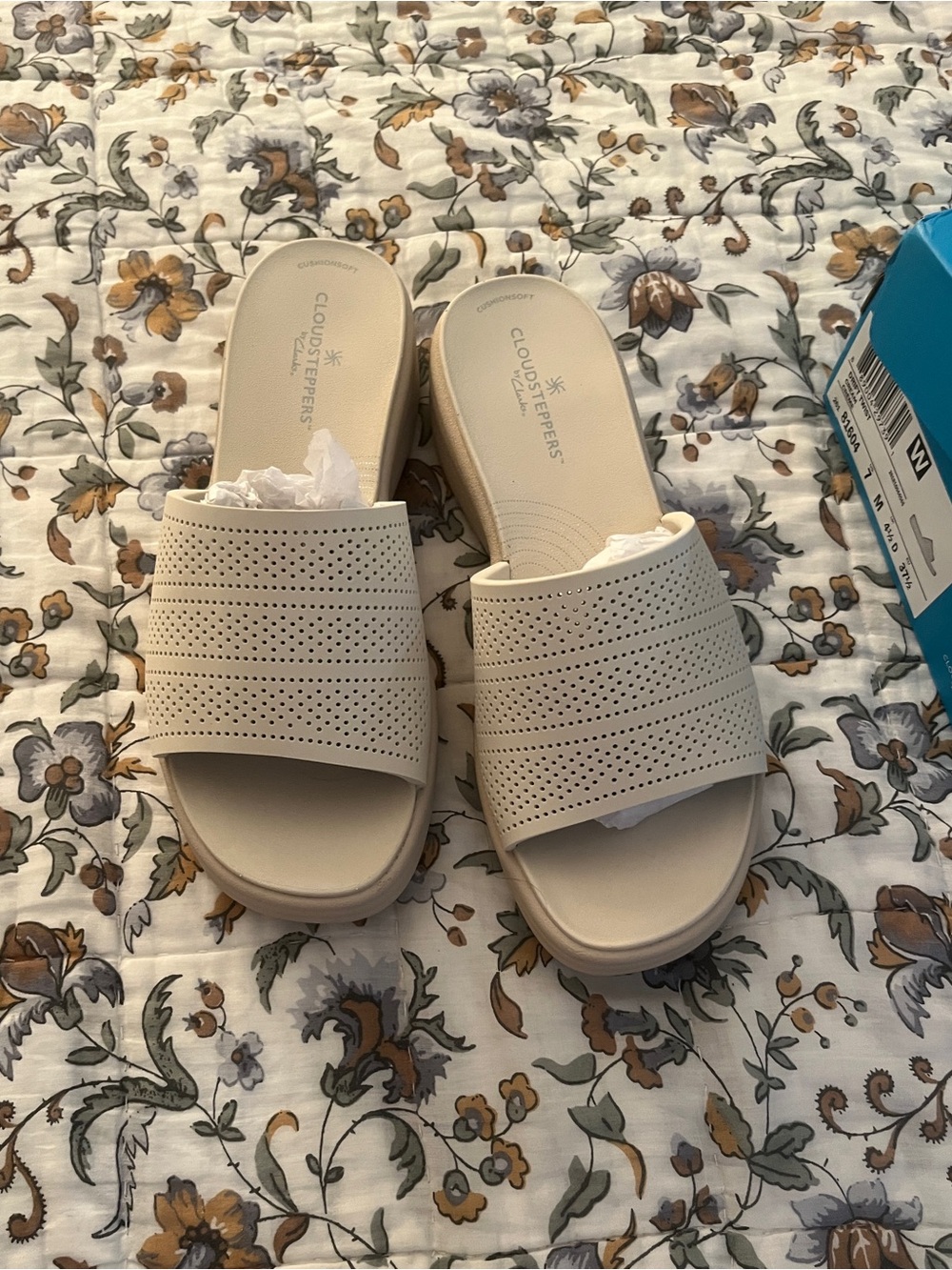Cloudsteppers by Clarks Women's Beige Perforated Slide Wedges